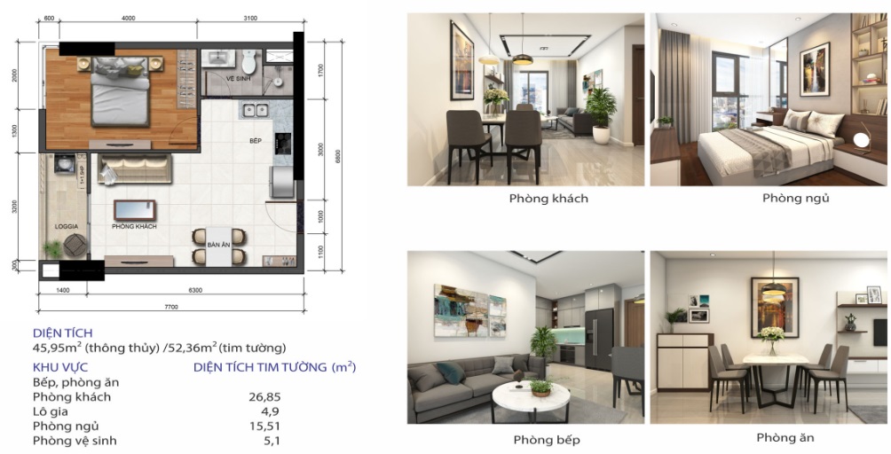 Thiết kế 1PN căn hộ Phú Tài Residence quy nhơn